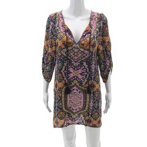Tolani Womens Silk Paisley V-Neck Shift Dress 3/4 Sleeve Multicolor Size S